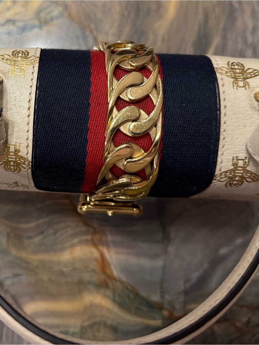 Gucci Cream Leather Top-Handle Shoulder Bag with Navy & Red Web - Picture 8 of 16
